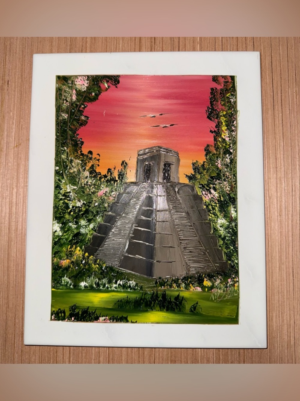 Sunset Pyramid Landscape Tile Art - Pink and Green